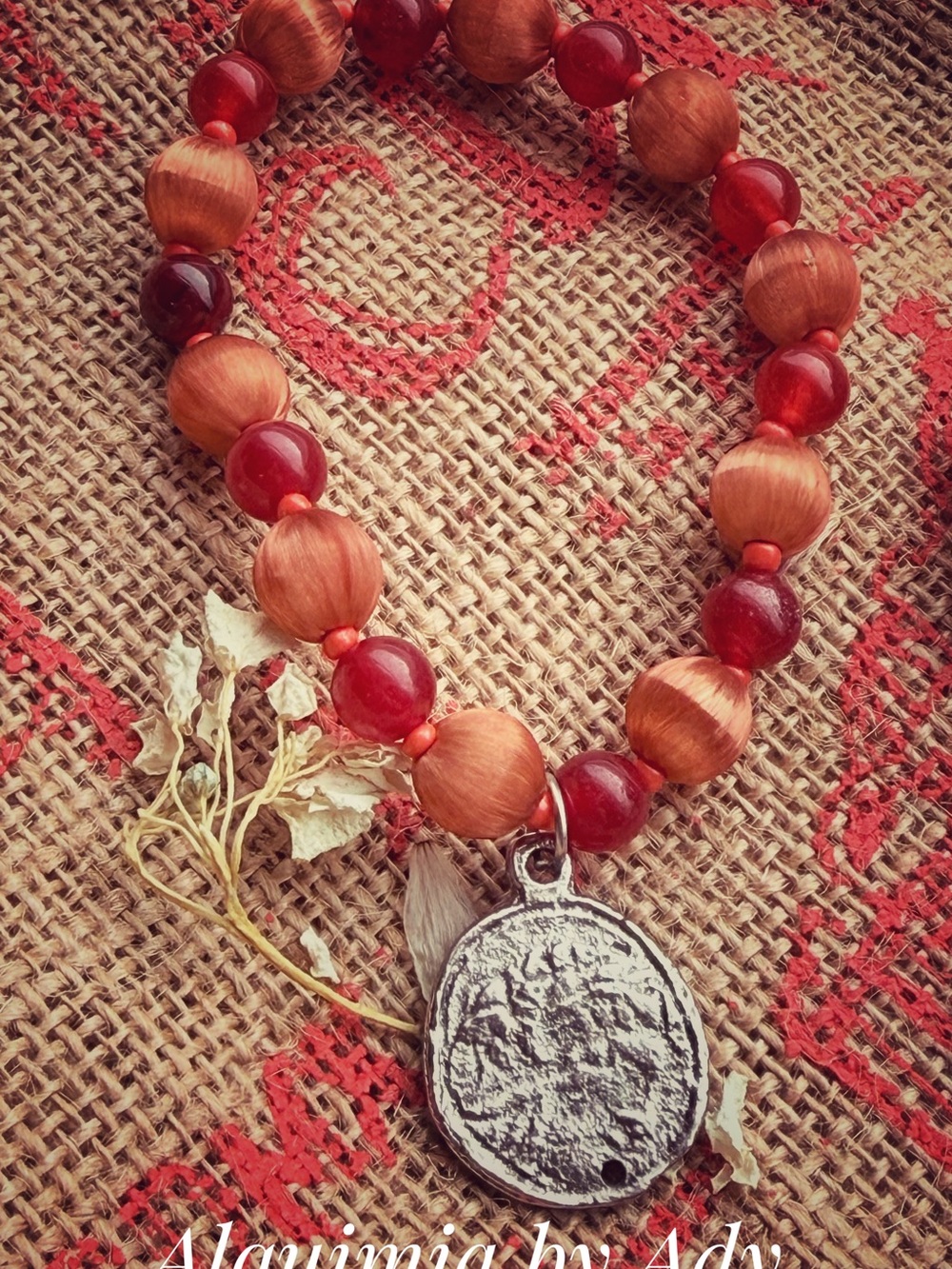 Untreated Ruby Red & burnt orange Beaded Bracelet with Silver-Tone Coin Charm